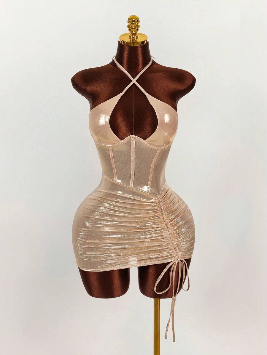 Amplova 女士纯色金属镂空抽绳交叉吊带迷你派对连衣裙 - 藕粉色 - 查看 1