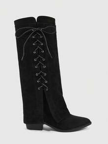 CUCCOO SZL Women's Fashion Black Side Lace-Up Thigh High Boots, Suitable For Holidays, Vacations, Music Festivals - Black - View 6
