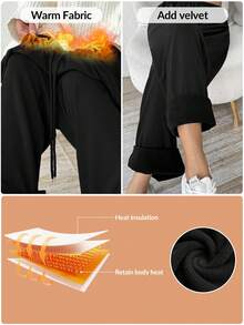 SHEIN PETITE CURVE Plus Size Women's Simple Front Tie Loose Sweatpants, Casual Daily Wear Fall Winter - Black - View 9