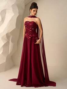 Coutiva Váy dài tay đính sequin thanh lịch, váy dạ hội cao cấp cho tiệc tối - Màu Đỏ Sâu - Xem 2