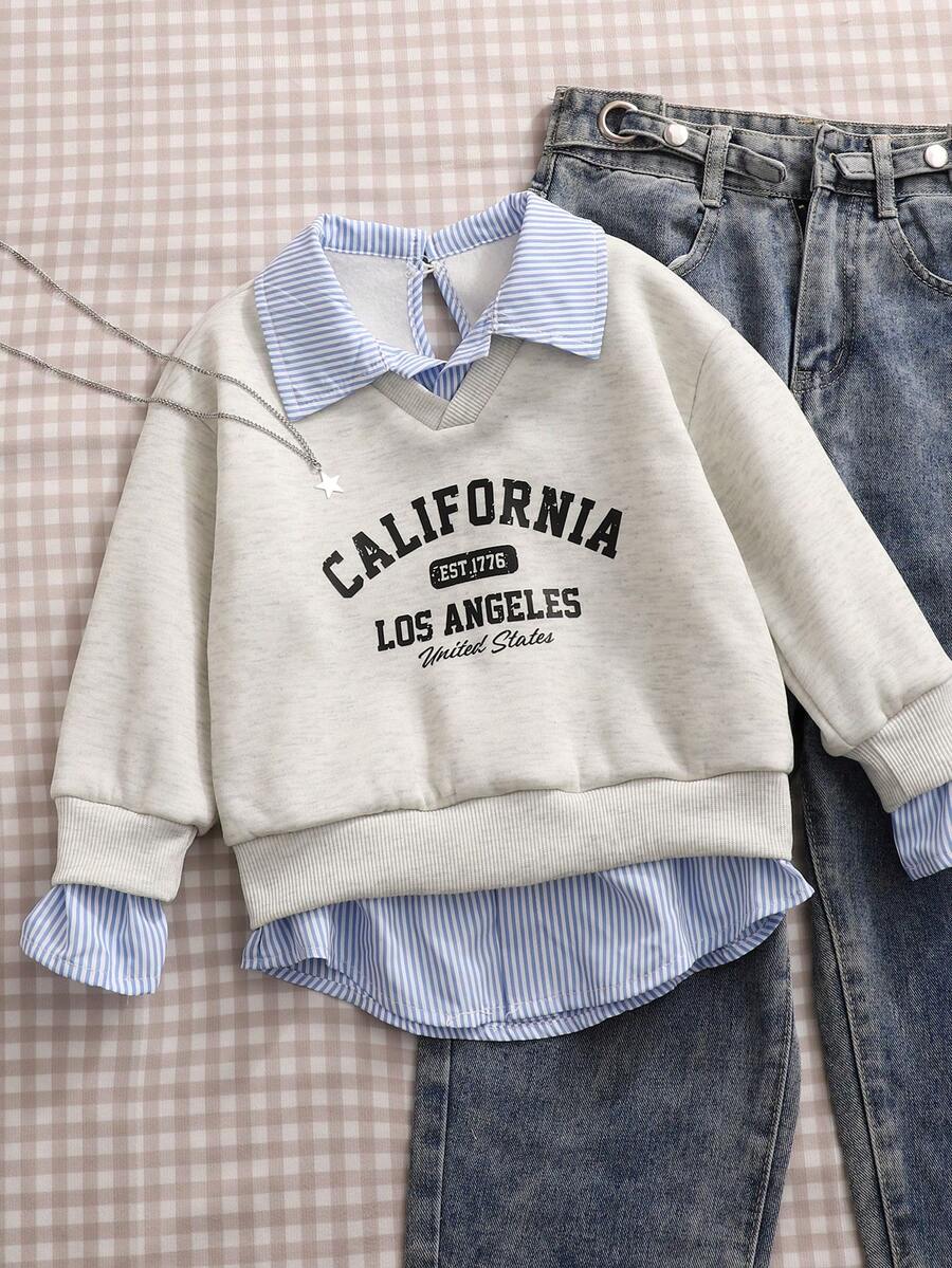 Young Girl Casual Striped Patchwork Letter Print Sweatshirt, Autumn/Winter - Apricot - View 1