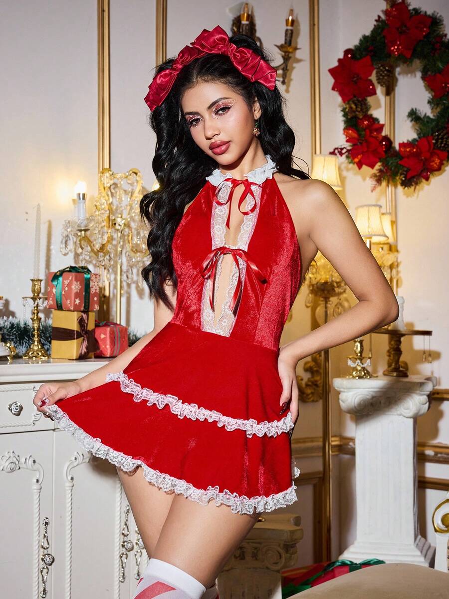 FairyFlirt 圣诞露背层叠蕾丝花边荷叶边天鹅绒蝴蝶结浪漫甜美可爱性感娃娃睡裙