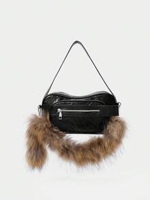 SHECARRY Sac à épaule pour femmes, sac Hobo, en PU, noir, à la mode, personnalisé, simple, polyvalent, de rue, doux et cool pour les filles, les filles branchées, Y2K, pour le trajet, le bureau, les rendez-vous, le quotidien, les courses, le thé de l'après-midi (Charm de sac en peluche) - Noir - Voir 1