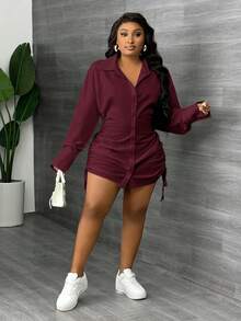 Slaydiva New Elegant And Sexy Daily Date Long-Sleeved Lapel Drawstring Gathered Shirt Skirt On Both Sides Mini Mini Skirt White Women's Mini Dress-Z - Burgundy - View 6