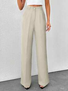 SHEIN Tall 高腰女式纯色阔腿裤 - 米色 - 查看 5