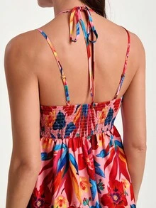 CAJUNI Vestido mini con estampado floral y escote halter, estilo vacacional - Rojo - Ver 7