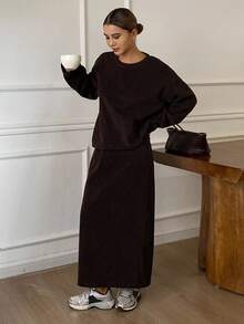 Livesso 秋冬季保暖宽松商务休闲套头卫衣+直筒抽绳腰半身裙两件套，时尚棕色保暖内衬 - 咖啡棕 - 查看 6