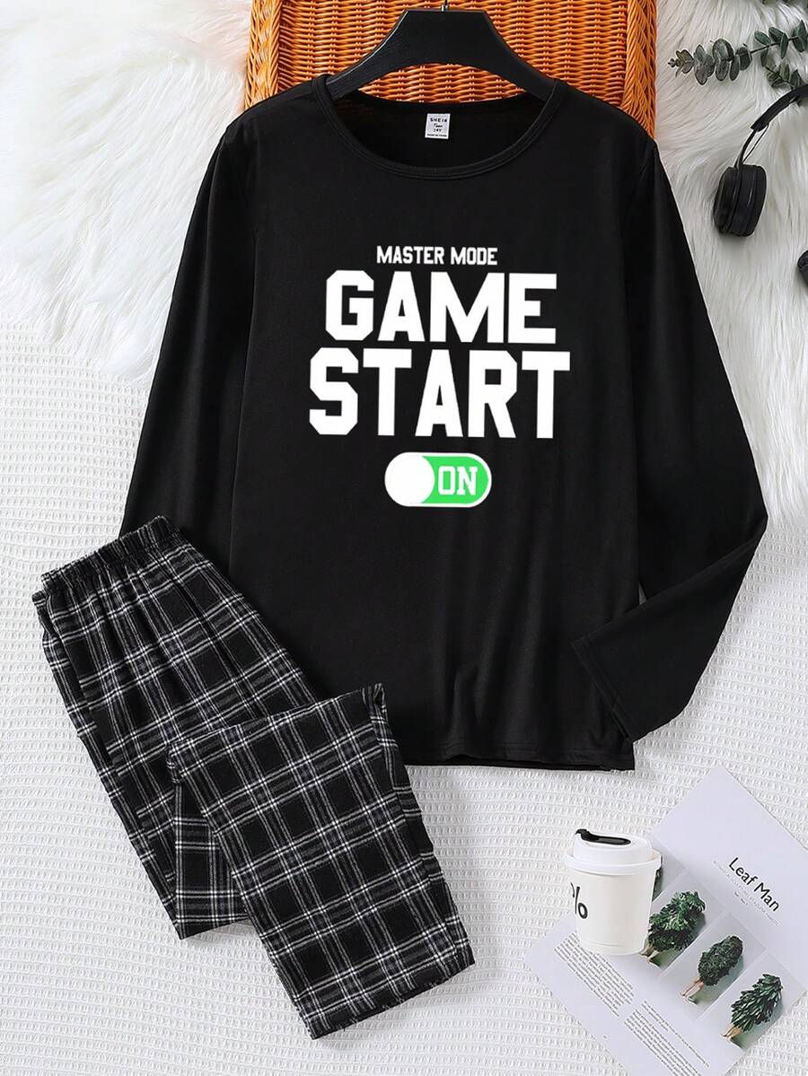 2pcs Teenage Boys' Casual Crew Neck Long Sleeve T-Shirt With "GAME START" Letter Print And Loose Plaid Long Pants, Soft Knit Fabric Pajama Set - Multicolor - View 1