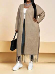 Slaydiva Cardigan de Manga Longa com Amarração na Frente, Franjas e Cor Sólida Minimalista para o Dia a Dia, Plus Size, para Outono/Inverno