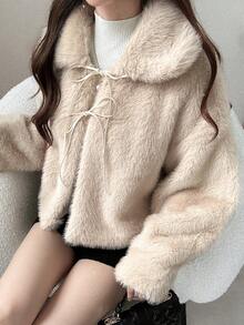 FRIFUL 女士纯色翻领抽绳系带休闲百搭人造毛皮外套，秋冬女式大衣 - 杏色 - 查看 7