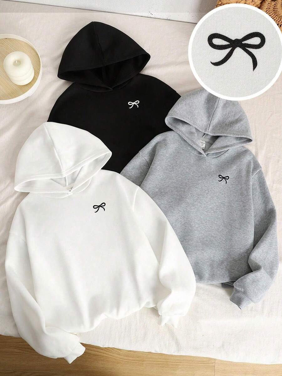 SHEIN 3 件套 Tween 女童休闲保暖内衬超大蝴蝶印花套头连帽衫，黑色、白色、浅花灰色秋冬女装 - 彩色 - 查看 1
