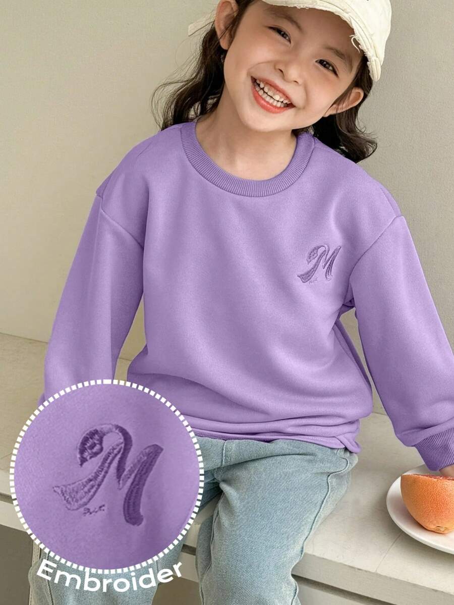 SHEIN 少女休闲字母刺绣圆领运动衫 - 紫色 - 查看 1