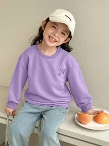 SHEIN 少女休闲字母刺绣圆领运动衫 - 紫色 - 查看 7