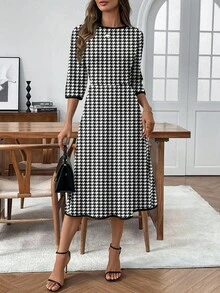 EMERY ROSE فستان كاجوال متوسط الطول للنساء بطبعة هندسية، مناسب للخريف/الشتاء، فستان مربعات للنساء، فستان عمل، فستان هندسي، فستان كاجوال للعمل، فستان متوسط الطول للنساء، فستان كاجوال للعمل