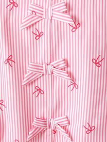 少女休闲条纹蝴蝶结印花衬衫，秋季 - 粉色 - 查看 5