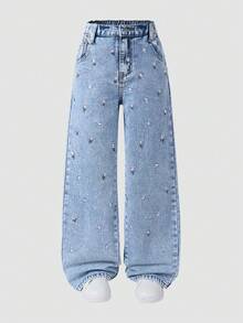 女童休闲做旧刺绣直筒牛仔裤 - 淺色水洗藍 - 查看 5