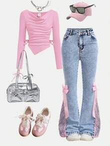 Girlism Pantalones acampanados de mezclilla azul con estiramiento, con acento de lazo de cinta de encaje rosa para adolescentes