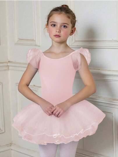 SHEIN 小女孩芭蕾舞裙，撞色网眼袖紧身衣舞蹈服装