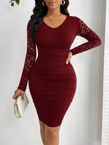 SHEIN Lady Four Seasons Elegant New Year Women's Wear Valentine's Day Ball Dress Women's Party Dress Women's Wine Red Solid Color Lace Splicing V-Neck Long Sleeve Slim Short Skirt Women's Short Skirt Long Sleeve Bodycon Dress Women Bodycon Dress Long Sleeve Elegant Dress Elegant Midi Dress,Wedding Guest Dress Women - Burgundy - View 7