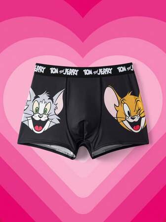 TOM & JERRY X SHEIN Bekväma mjuka herrkalsonger med tecknat mönster och bokstavsband
