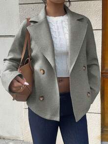 SHEIN Unity 杏色双面缺角领短款大衣，双排扣，带口袋，长袖，时尚百搭，适合通勤、办公、休闲、优雅、复古、学术、日常、约会等场合，女士秋冬款 - 灰色 - 查看 3