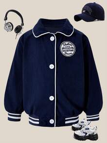 SHEIN Toddler Girls' Fashionable Casual Versatile Blue Jacket, Ribbed Cuffs & Hem, Long Sleeve, Collegiate Style Outerwear, Suitable For Autumn/Winter Outings, Suitable To Pair With Jeans, Sweatpants, Tops - Navy Blue - View 5