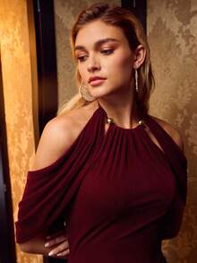 MOTF Soiréza ELEGANT RUCHED HALTER DRESS, SUITABLE FOR EVENING GALA, PARTY - Burgundy - View 3