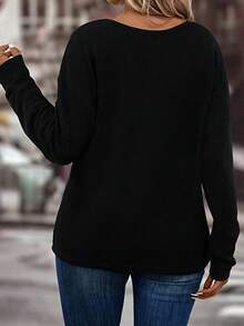 EMERY ROSE 大码V领长袖T恤，心形印花，休闲时尚 - 黑色 - 查看 2