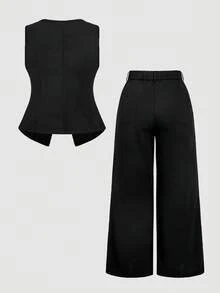 SHEIN MOD 大码女式黑色无袖上衣，收腰设计，搭配阔腿裤，适合上班穿着 - 黑色 - 查看 8