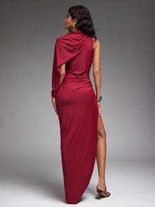 Hauture 女式性感夜场单肩侧褶深红色不对称连衣裙 - 酒紅色 - 查看 5