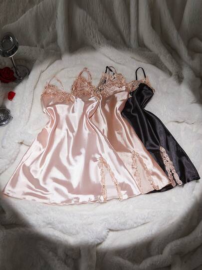 SilkySpell 3 件套女士性感深 V 吊带裙套装，优雅缎面多色组合，刺绣饰边，适合所有季节作为睡衣或外套