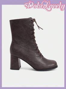 Dola Lovely Women's Brown Retro Round Toe Chunky Heel Lolita Style Party Matching Sweet Cute Mid-Calf Boots, Suitable For Christmas, Halloween, Thanksgiving - Brown - View 2