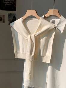 Comfortcana Women's Y2k White Casual Cute Solid Color Knitted Shawl, Autumn/Winter Old Money