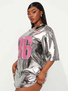 Radiana Plus Size Women New Number Print Metallic Silver Jersey Club Tee, Suitable For Cheering Squad, Ball Game, Date Night, Birthday, Bachelorette Party, Cute, Casual, Shopping, Streetwear, Going Out, Easy To Match & Looks Slim, Accent Your Body, Flatter The Figure - Multicolor - View 6