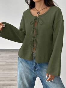 SHEIN EZwear 女士纯色打结长袖开衫，通勤，极简主义，办公室穿着，复古款，简单，女士系带前腰带纯色针织毛衣开衫，可穿在 T 恤外面，长袖上衣，秋冬季上学上衣 - 軍綠色 - 查看 3