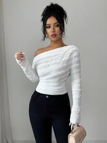 SHEIN Elenzya Elegant Asymmetric Ruffle Long Sleeve T-Shirt With Textured Fabric And Frill Trim, Suitable For Autumn - White - View 5