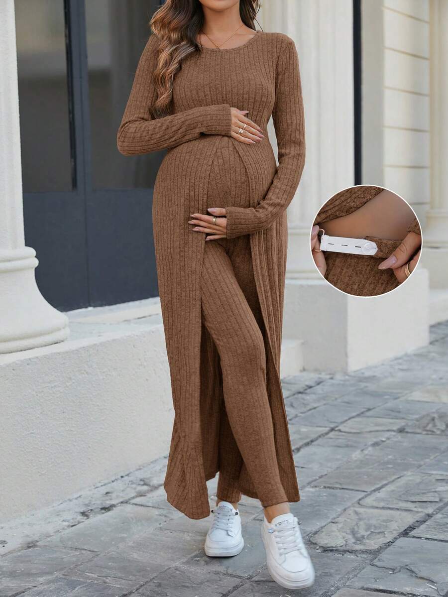 SHEIN 2件套孕妇休闲纯色高开叉长款上衣和裤子套装，秋季 - 咖啡棕 - 查看 1