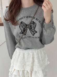 FRIFUL 女式花卉灰色圆领蕾丝蝴蝶结贴花小字母印花落肩长袖宽松休闲百搭羊毛运动衫，秋冬 - 灰色 - 查看 5