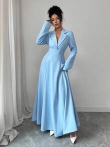 Selianne Robe longue élégante bleu avec ceinture à la taille pour femmes, convient pour les rendez-vous, les événements sociaux et les sorties en automne - Bleu azur - Voir 7