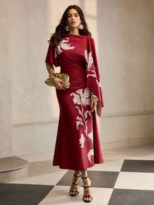 ZEYLAH Printed Short Sleeve One-Shoulder Elegant Dress - Red - View 6