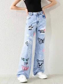 SHEIN Jeans pour jeunes filles de style Y2K avec imprimés de papillons, lettres et cœurs graffités. Pantalon en jean décontracté et à jambe droite ample, pour un port quotidien.