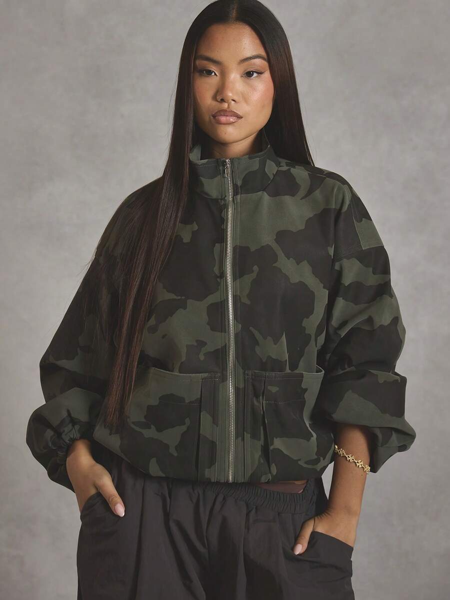 MUSERA High Neck Oversized Camo Bomber Jacket Cool Girl, Streetstyle, Everyday, , Winter, 1997 Spring - Dark Green - View 1