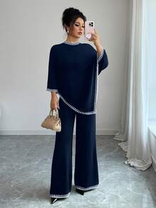 Elenzga Bộ đồ hai mảnh thiết kế áo poncho rộng rãi thoải mái và quần dệt kim màu tương phản rộng rãi dành cho nữ - Màu xanh hải quân - Xem 3