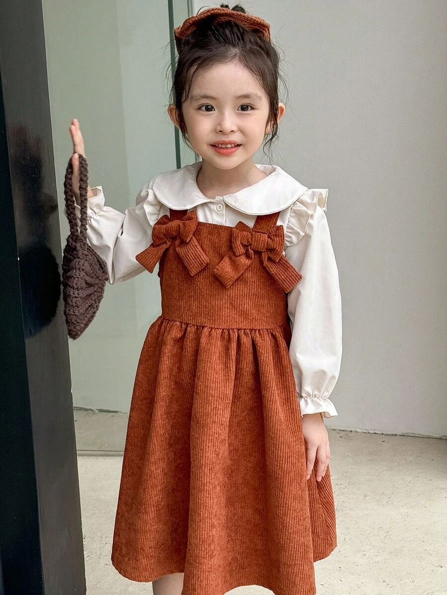 SHEIN 年轻女孩休闲领口纽扣长袖衬衫/围裙套装 - 彩色 - 查看 1