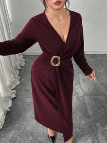 Modelyn Plus Size Women Metal Buckle Ruched Waist Cross V-Neck Long Sleeve Elegant Bodycon Dress, Suitable For Commute And Party Evening Gown Gala Evening Gown Dusty Blue Formal Dress Gala Dresses - Burgundy - View 6