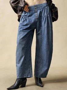 Bohemela Women's Button Waist Pleated Flare Casual Loose Pants