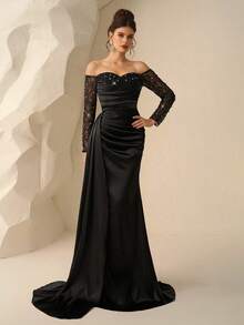 Coutiva 优雅奢华的串珠亮片网眼拼布大腿高开衩荷叶边美人鱼裙，适合婚礼、单身派对、度假、庆典、正式活动（装饰版）、毕业典礼， - 黑色 - 查看 4