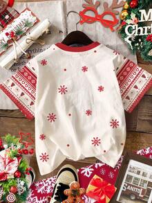 SHEIN Camiseta infantil Happikins para celebração de Natal, vermelha natalina, com estampa fofa de rena de desenho animado, flocos de neve em degradê, estampa Fair Isle com urso e rena, ideal para combinar com a família, presente de Natal, clima natalino, camiseta casual minimalista de manga curta e gola redonda, perfeita para o verão, todas as estações, para usar em casa e para festas de Natal. - Multicolorido - Ver 6