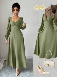 Elenzga Women's Elegant Square Neck Puff Sleeve Waist Cinched Maxi Dress, Suitable For Daily Commute - Green - View 1