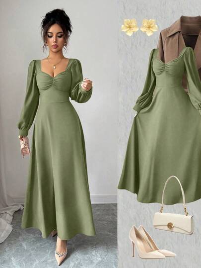 Elenzga Women's Elegant Square Neck Puff Sleeve Waist Cinched Maxi Dress, Suitable For Daily Commute